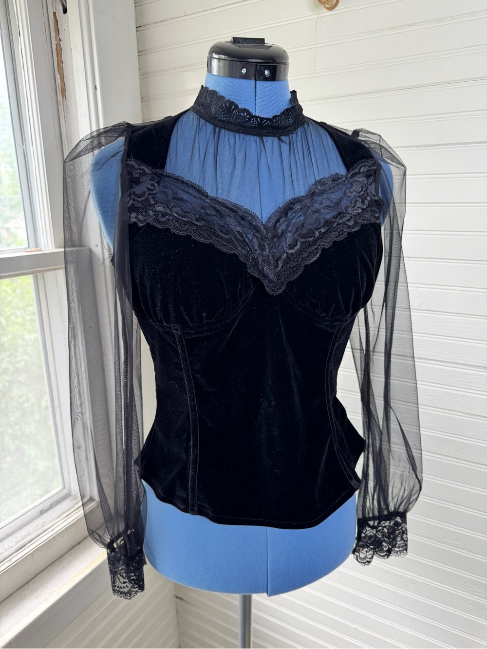 Black lace & velvet corset style top with sheer sleeves